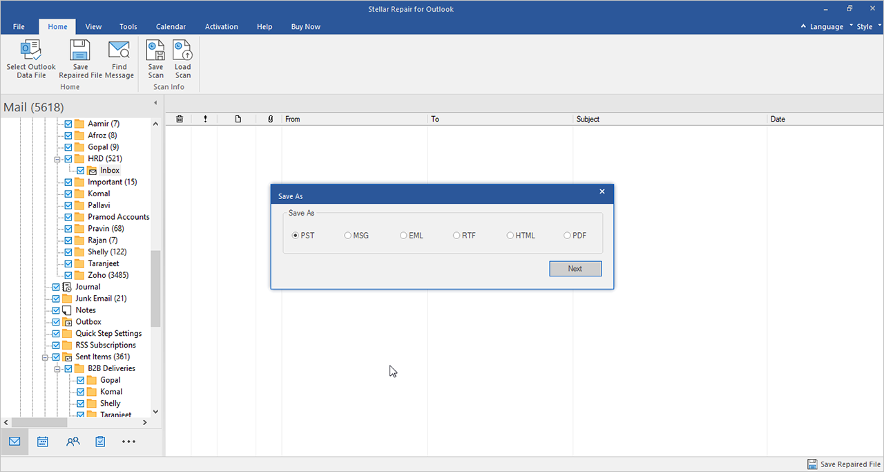 After the repair, click Save Repaired File and choose the PST format